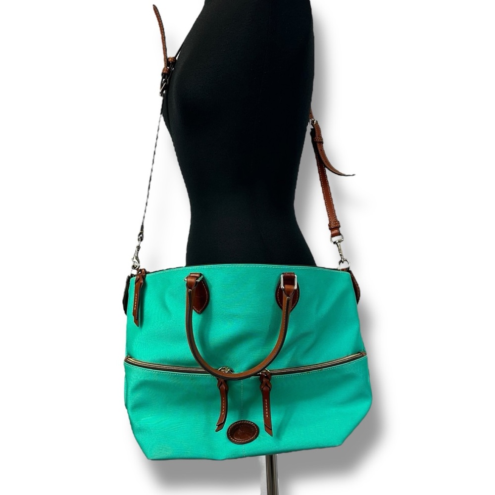 Dooney & Bourke Canvas Seafoam Green Shoulder Bag with Brown Leather Trim